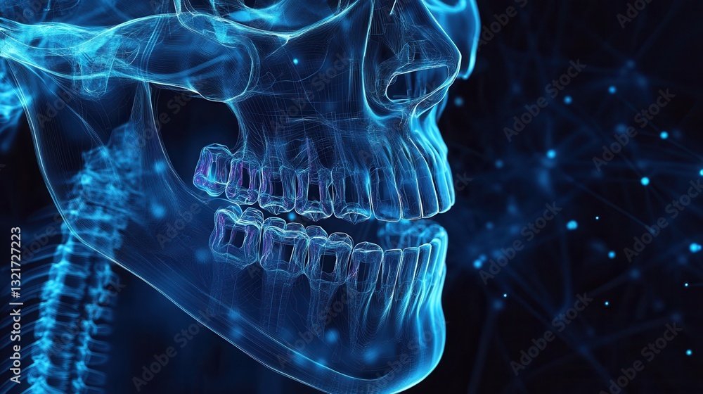 Poster x-ray blueprint of a jawbone with implants showing glowing skeletal outlines and intricate dental de