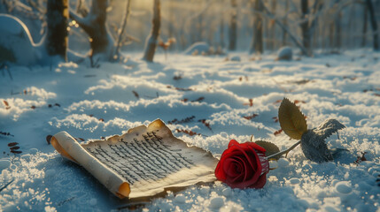 Rose and letter on the snow 
