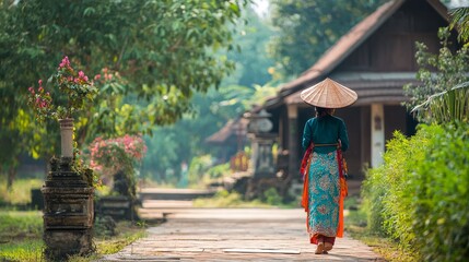 Woman walks rural path, wearing traditional dress.