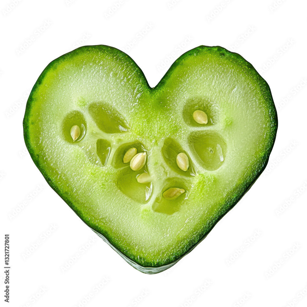 Poster heart-shaped cucumber slice with fresh green color and seeds