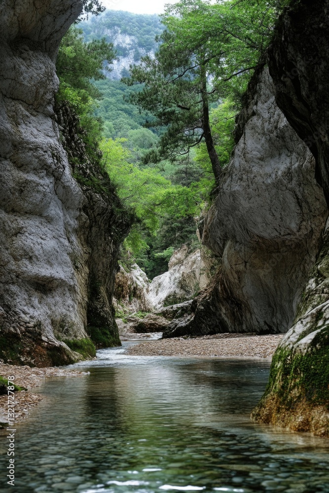 Poster a serene scene of a river flowing through a canyon surrounded by a dense forest