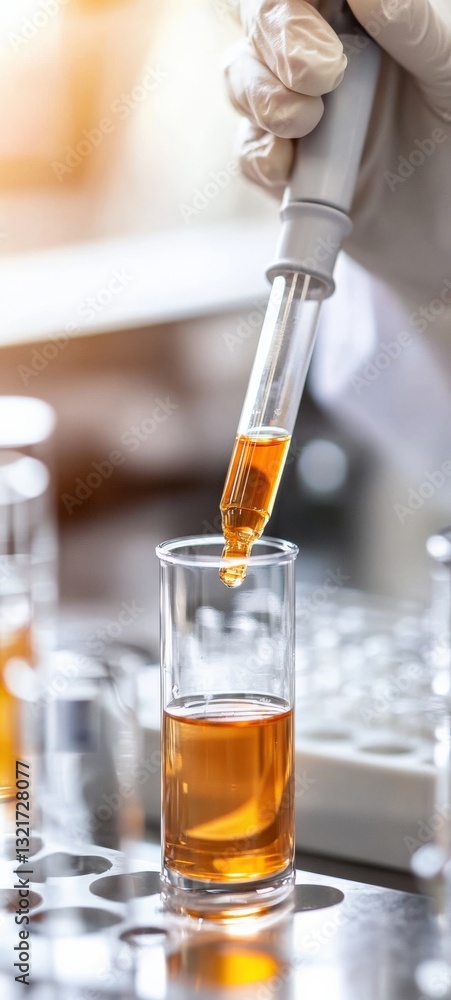 Poster laboratory experiment demonstration science lab liquid analysis clean environment close-up shot chem