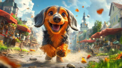 A lively image of an orange and white Dachshund running on a cobblestone street with historical buildings The dog is mid-stride, mouth open, possibly panting or barking The scene sug - AI-Generated