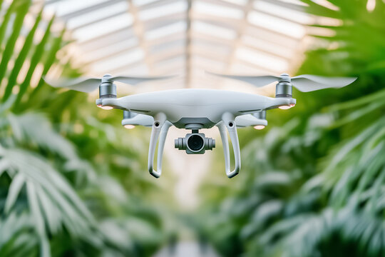 Hovering above a lush greenhouse, a drone collects critical data from the glass rooftop, enhancing the understanding of plant health and optimizing agricultural practices efficiently