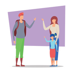 Soldier greeting his family with joy upon returning home. Woman and child waving excitedly, showcasing warmth of their reunion after long time apart