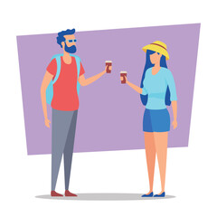 Two friends standing outside, clinking their drinks together, clearly enjoying warm day. Man wearing backpack and sunglasses while woman wearing stylish hat