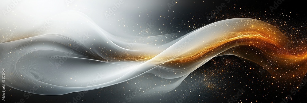 Poster abstract flowing golden and white gradient lines with sparkling particles on dark background. dynami