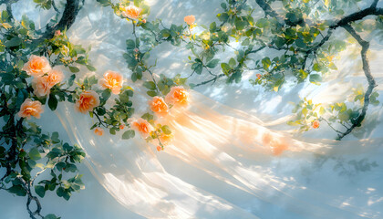 Dreamy peach roses draped in sheer fabric, bathed in sunlight.  A delicate and ethereal image perfect for romance, beauty, or spring themes.