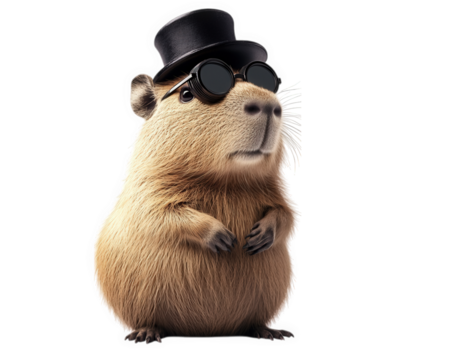 capybara wearing tiny top hat and sunglasses, exuding charm and sophistication. This adorable creature stands confidently, ready to impress