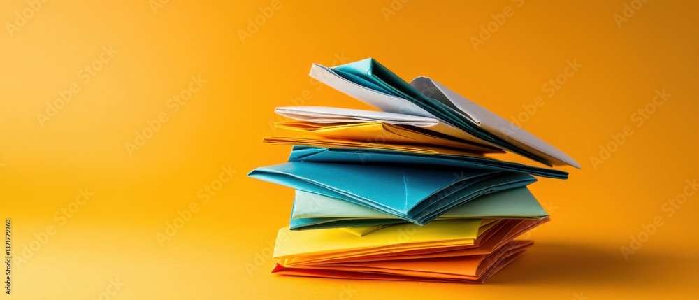 Poster a stack of colorful paper envelopes on a yellow background
