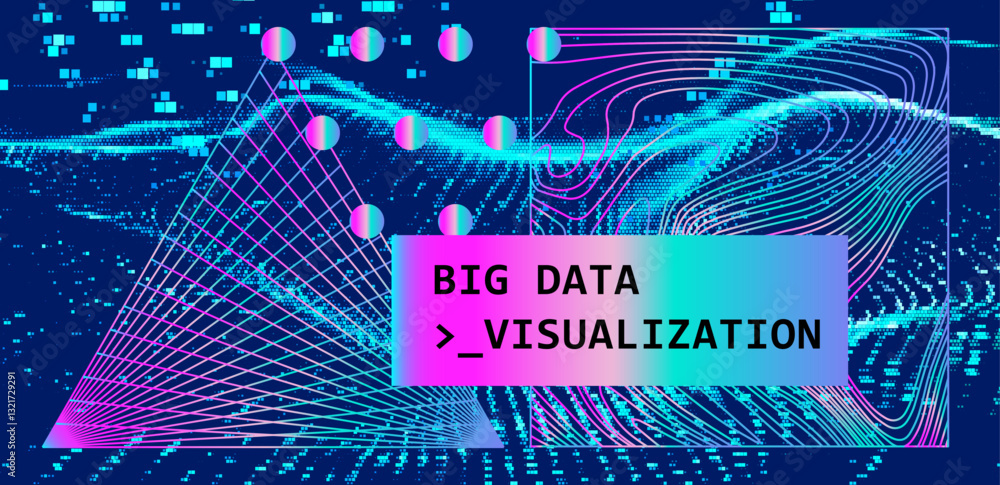 Aufkleber vector illustration featuring abstract graphics, lines, and holographic neon shapes against a digita
