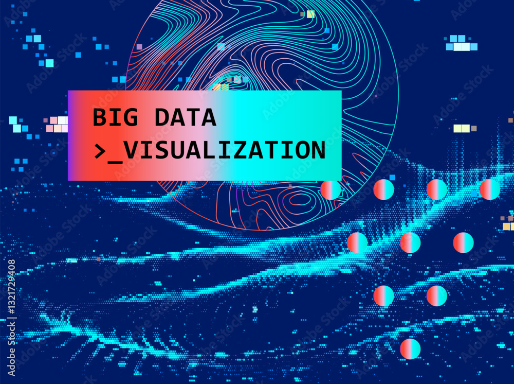 Poster vector illustration featuring abstract graphics, lines, and holographic neon shapes against a digita