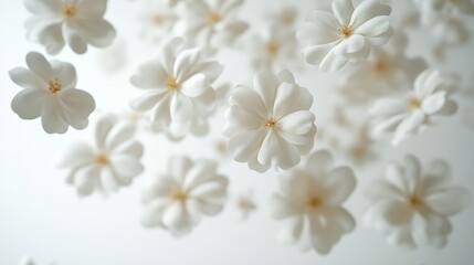 inflorescences of white flowers floating in the air, floral background