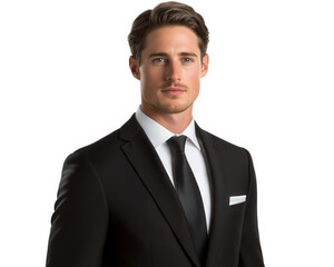 Professional man in black suit with white shirt and tie, exuding confidence and elegance