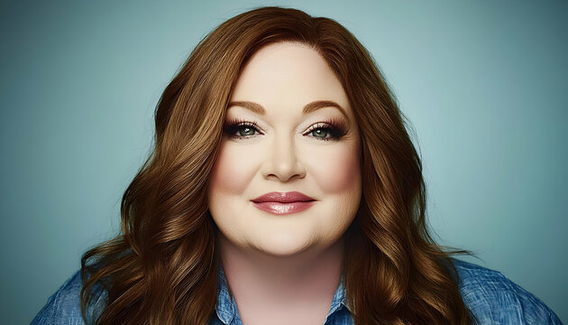 Portrait of a smiling woman with long auburn hair, wearing a denim shirt against a teal background.  Ideal for articles on beauty, confidence, or women's empowerment.