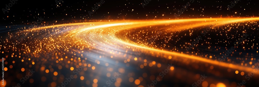 Poster abstract golden flowing lines with sparkling particles on black background. dynamic and futuristic v