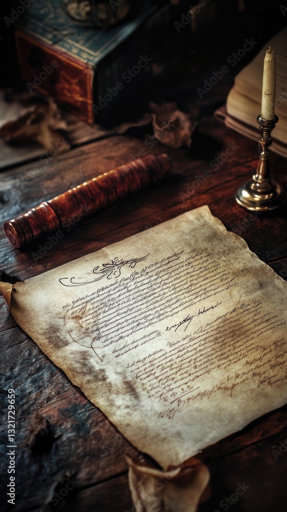 Poster a piece of paper resting on a wooden table, great for depicting everyday scenes or as a prop in vari