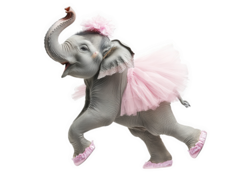 playful elephant wearing pink tutu and ballet shoes dances joyfully, showcasing whimsical and fun atmosphere. This charming scene captures essence of creativity and imagination