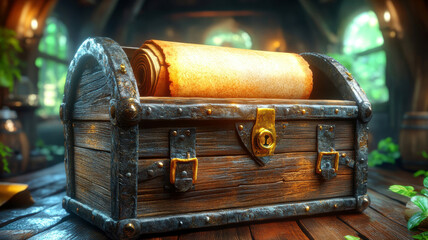 An open, weathered wooden chest filled with mystery, partially unrolled scroll inside, gold lock hinting at treasures, underground setting, dimly lit stone walls and floor, debris, adv - AI-Generated