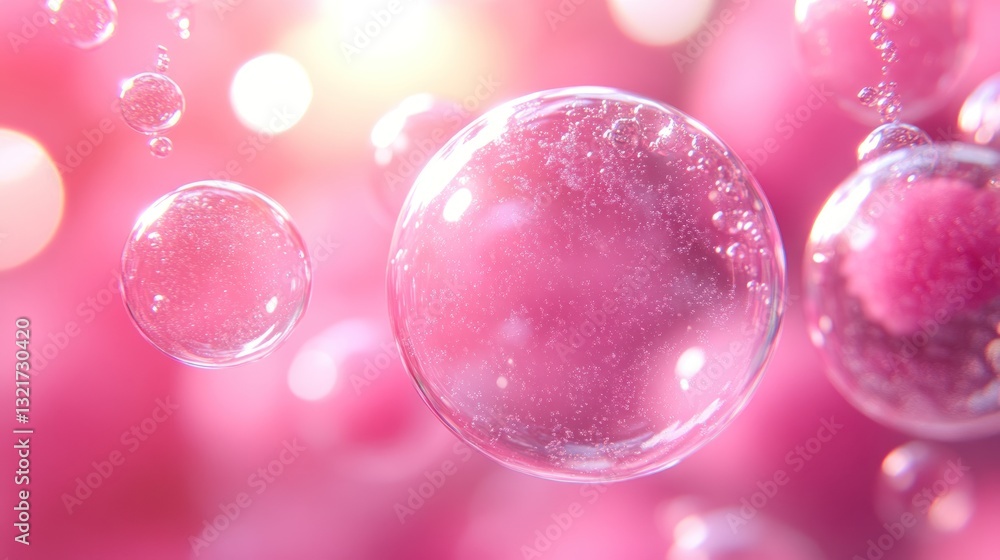 Poster abstract pink bubbles floating in a soft light background.