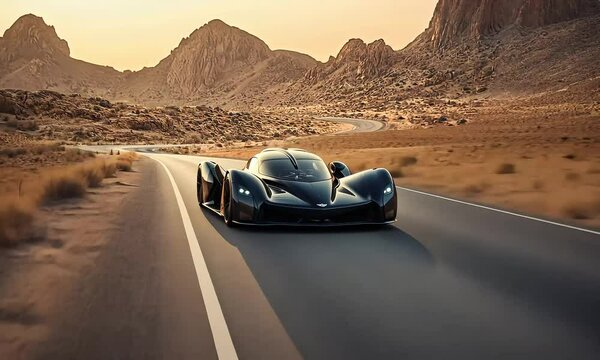 A sleek hypercar with a matte black finish races through a scenic mountain pass at sunrise, showcasing cutting-edge design and high-performance engineering.