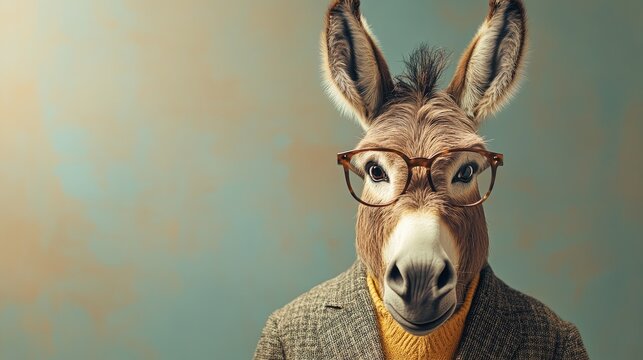 abstract funny portrait of donkey in classic jacket with glasses on abstract background, copy space
