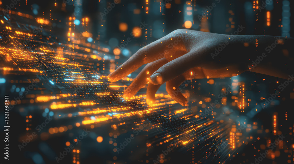 Poster human hands interact with floating data graphs, the future of ai, and 3d illustration.