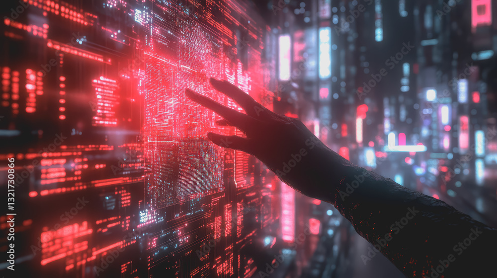 Aufkleber human hands interact with floating data graphs, the future of ai, and 3d illustration.