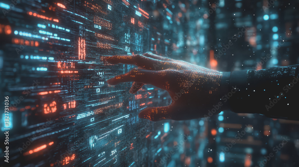 Poster human hands interact with floating data graphs, the future of ai, and 3d illustration.