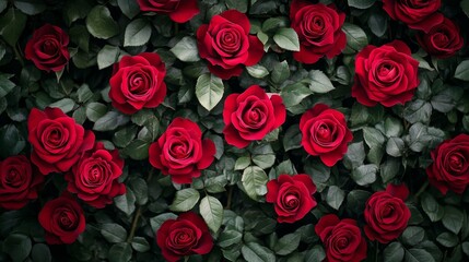 red roses background, top view