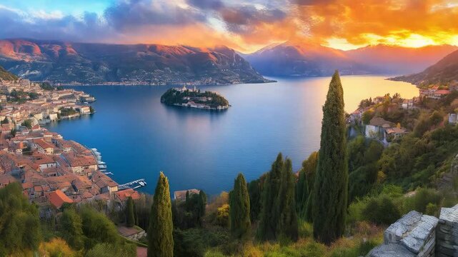 Stunning sunset view over Lake Como with vibrant flowers and dramatic mountain backdrop in Italy