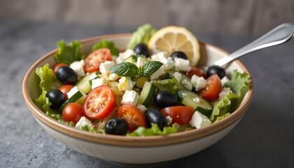 A fresh Mediterranean salad with crisp lettuce, juicy cherry tomatoes