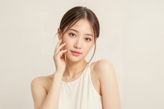 A woman with a white tank top and brown hair