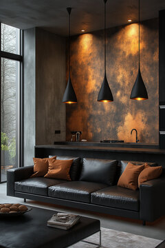 Photo salon contemporain style loft avec murs en b&eacute;ton brut, &eacute;clairage industriel, canap&eacute; en cuir noir &eacute;l&eacute;gant et design moderne aux lignes &eacute;pur&eacute;es