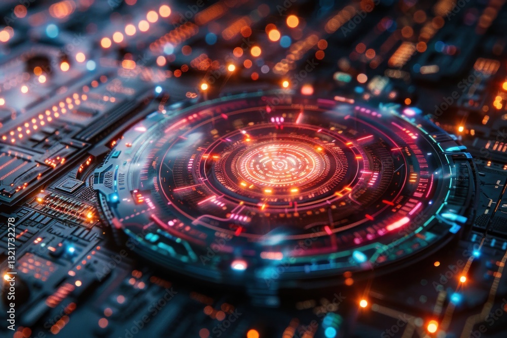 Poster hologram scanner displays vivid biometric data layers in soft light, highlighting advanced security 