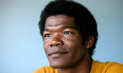 Obraz premium Thoughtful young Black man with an Afro looking up, wearing a mustard yellow sweater against a light blue background. Close-up portrait.