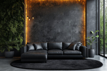 Photo salon contemporain style loft avec murs en béton brut, éclairage industriel, canapé en cuir noir élégant et design moderne aux lignes épurées