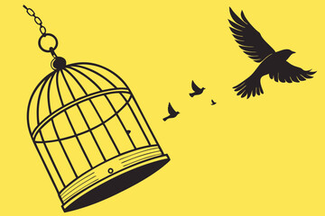 Surreal Illustration of a Little Bird Flying from an Open Cage – Freedom & Motivation Art.