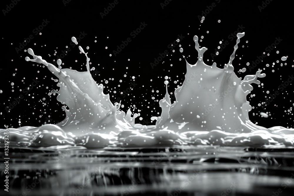 Poster two ink splashes collide, sending fine droplets scattering energetically against a dark backdrop