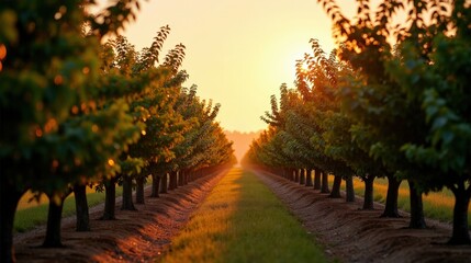 Naklejka premium Spice orchard cloaked in dusky shades, warm amber tones blending with deep twilight. The air feels thick with the aroma of exotic spices, enhancing the moody atmosphere.