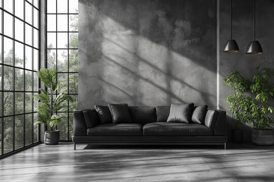 Photo salon contemporain style loft avec murs en b&eacute;ton brut, &eacute;clairage industriel, canap&eacute; en cuir noir &eacute;l&eacute;gant et design moderne aux lignes &eacute;pur&eacute;es