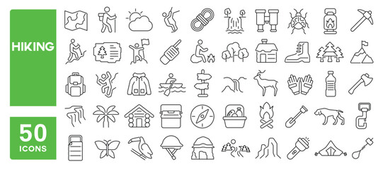 Set of 50 line icons related to hiking, walk, trail, trekking, adventure, camping, activity, hobby, outdoor, nature, campfire, Editable stroke. Vector illustration
