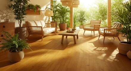 Fototapeta premium Living Room Interior with Wooden Furniture and Sunlight Streaming Through Windows