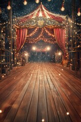 Festive circus tent entrance, wooden path, night, snowfall, event backdrop