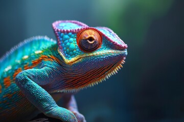 Obraz premium Striking portrait of a chameleon showcasing vibrant skin and detailed eye