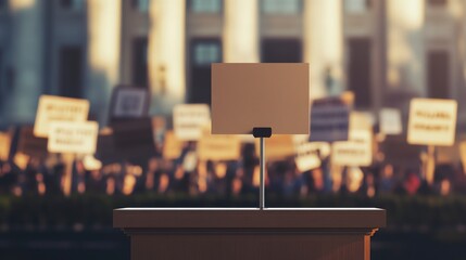 Blank podium at protest, city background, public speaking