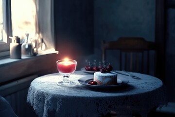 A table with a cake and a candle on it