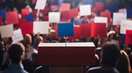 Crowd at political rally, podium with blank sign, public speaking