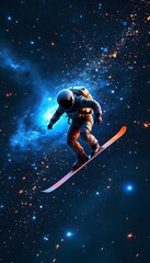 Naklejka premium Astronaut Snowboarding Through the Cosmos