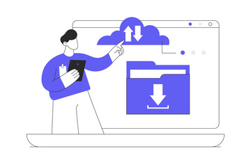 Man downloading, transferring document files with laptop screen, file transfer connection, docs information migration access to remote documents online storage. Flat Cartoon Vector Illustration, icon